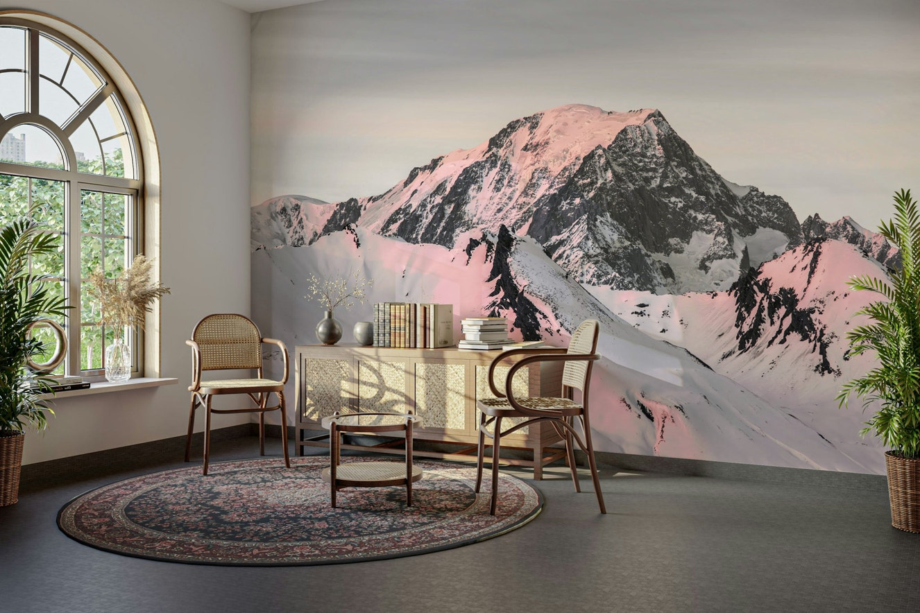 Snowcapped mountain range wall mural for your home.

