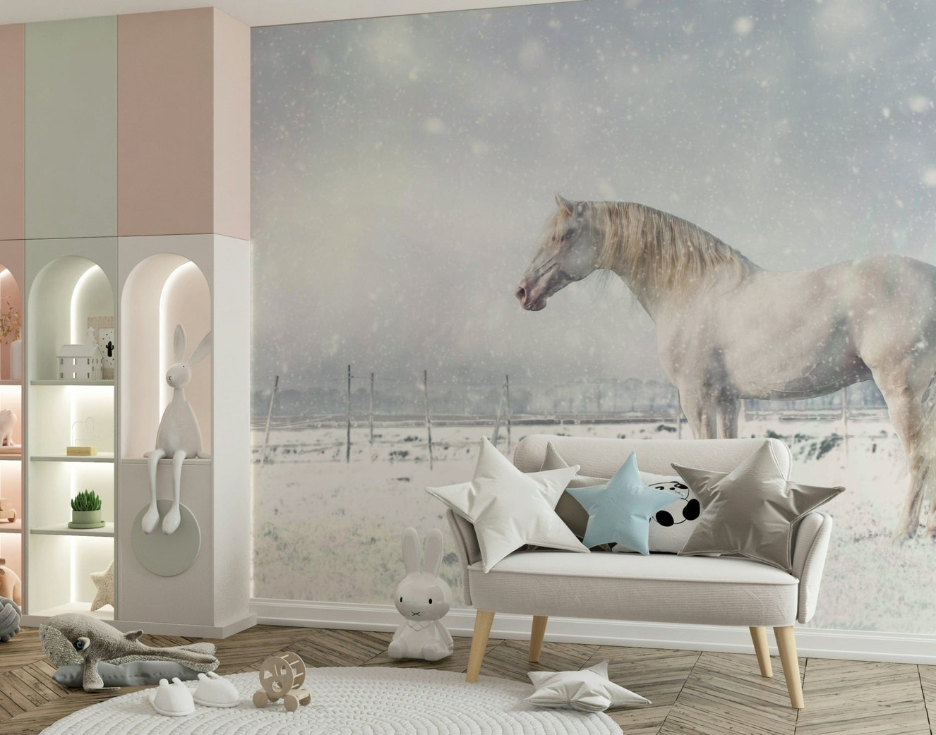 A beautiful snowdrift horse wallpaper mural with subtle, flowing texture.