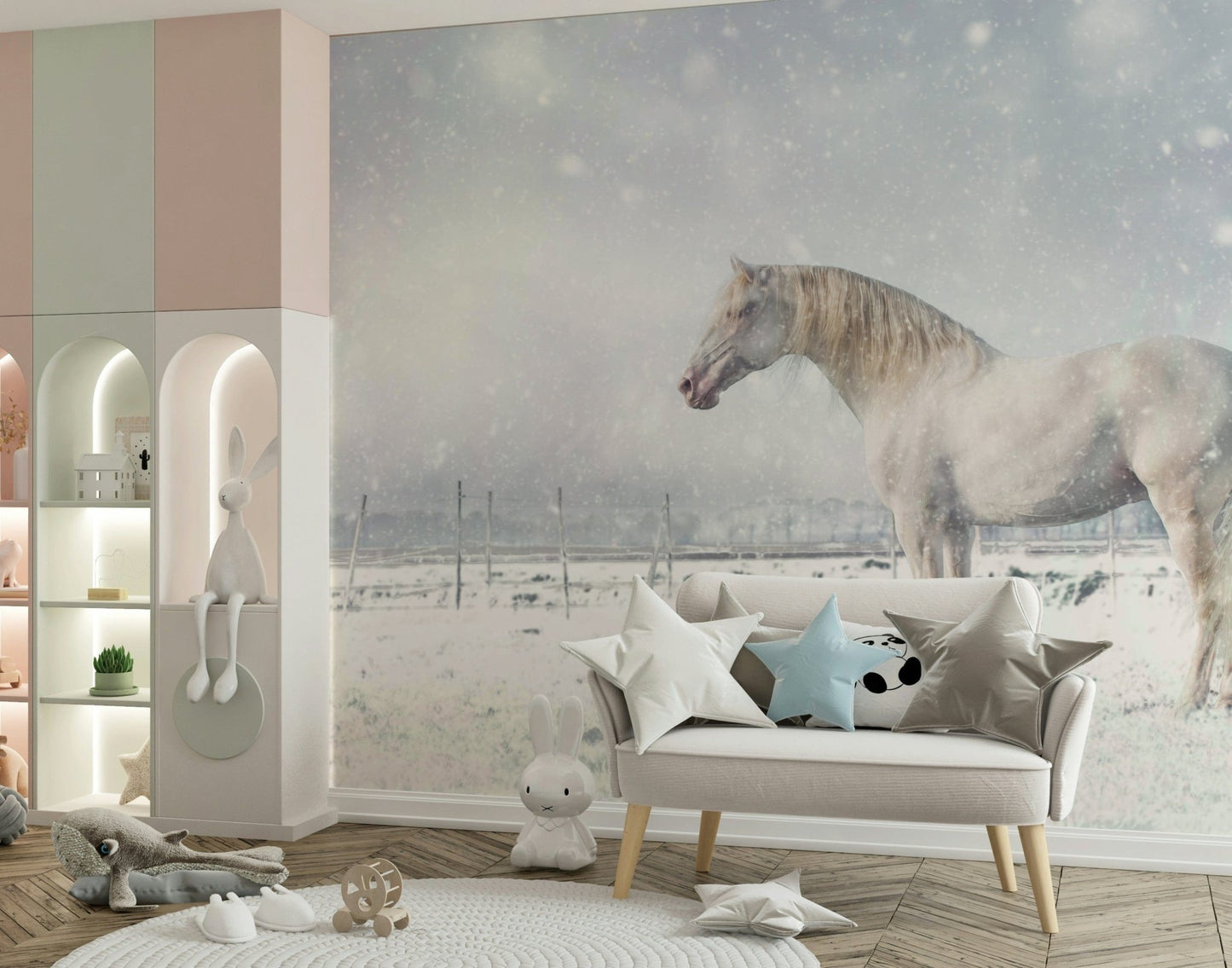 A beautiful snowdrift horse wallpaper mural with subtle, flowing texture.