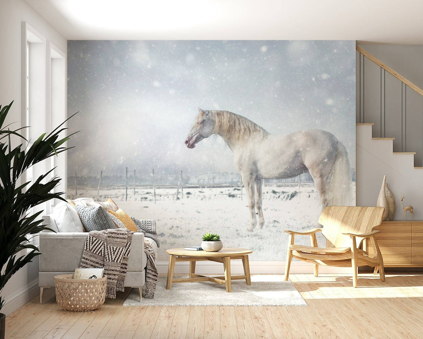 An artistic soft focus mural on minimalist wallpaper.