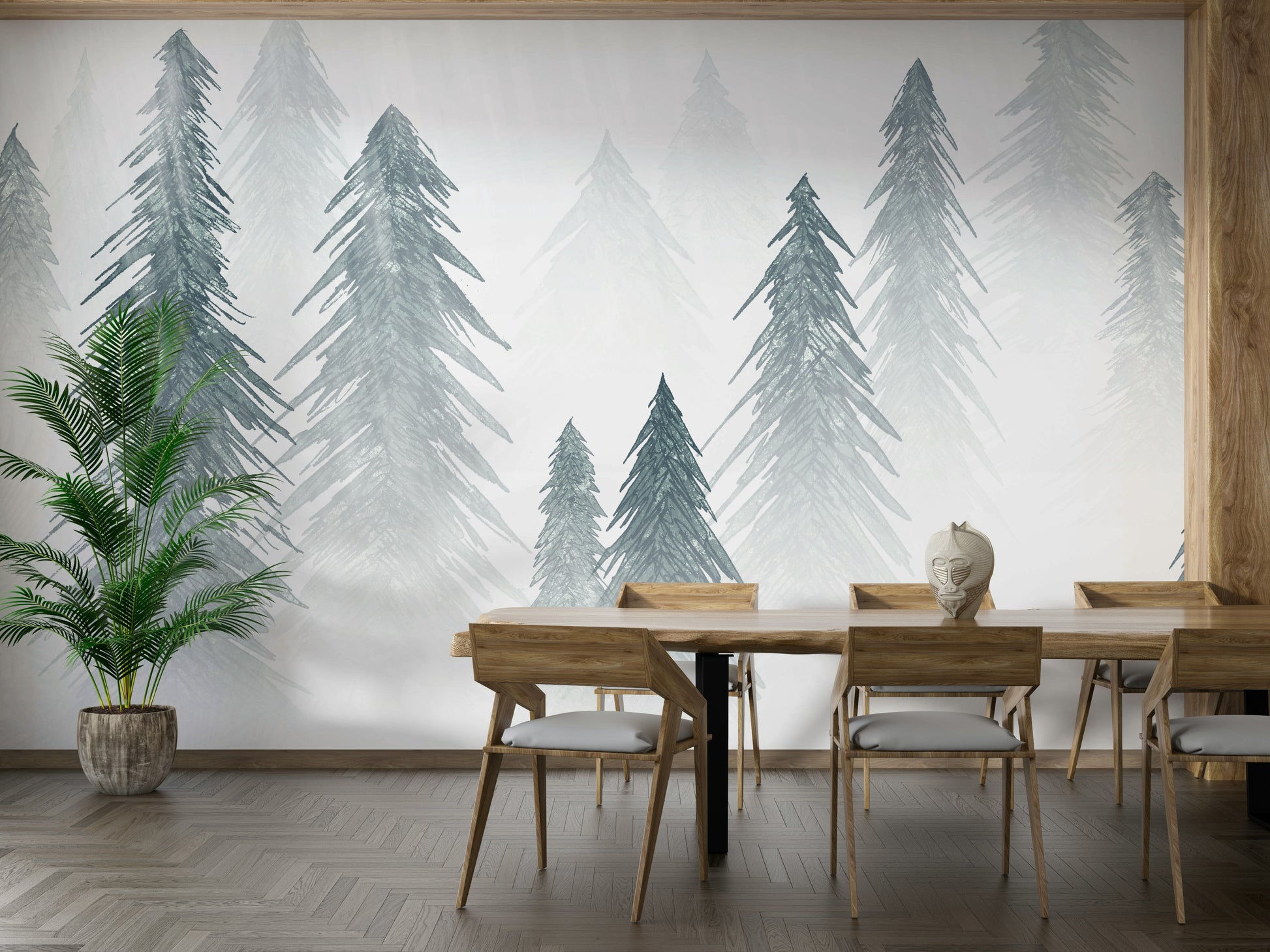 Snowfall scene wall mural in forest