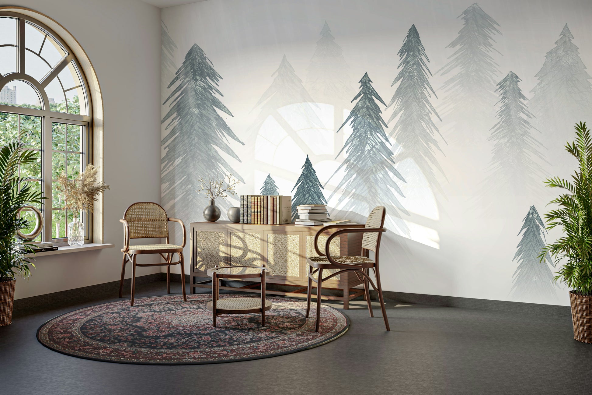 Winter woods wallpaper with snowfall