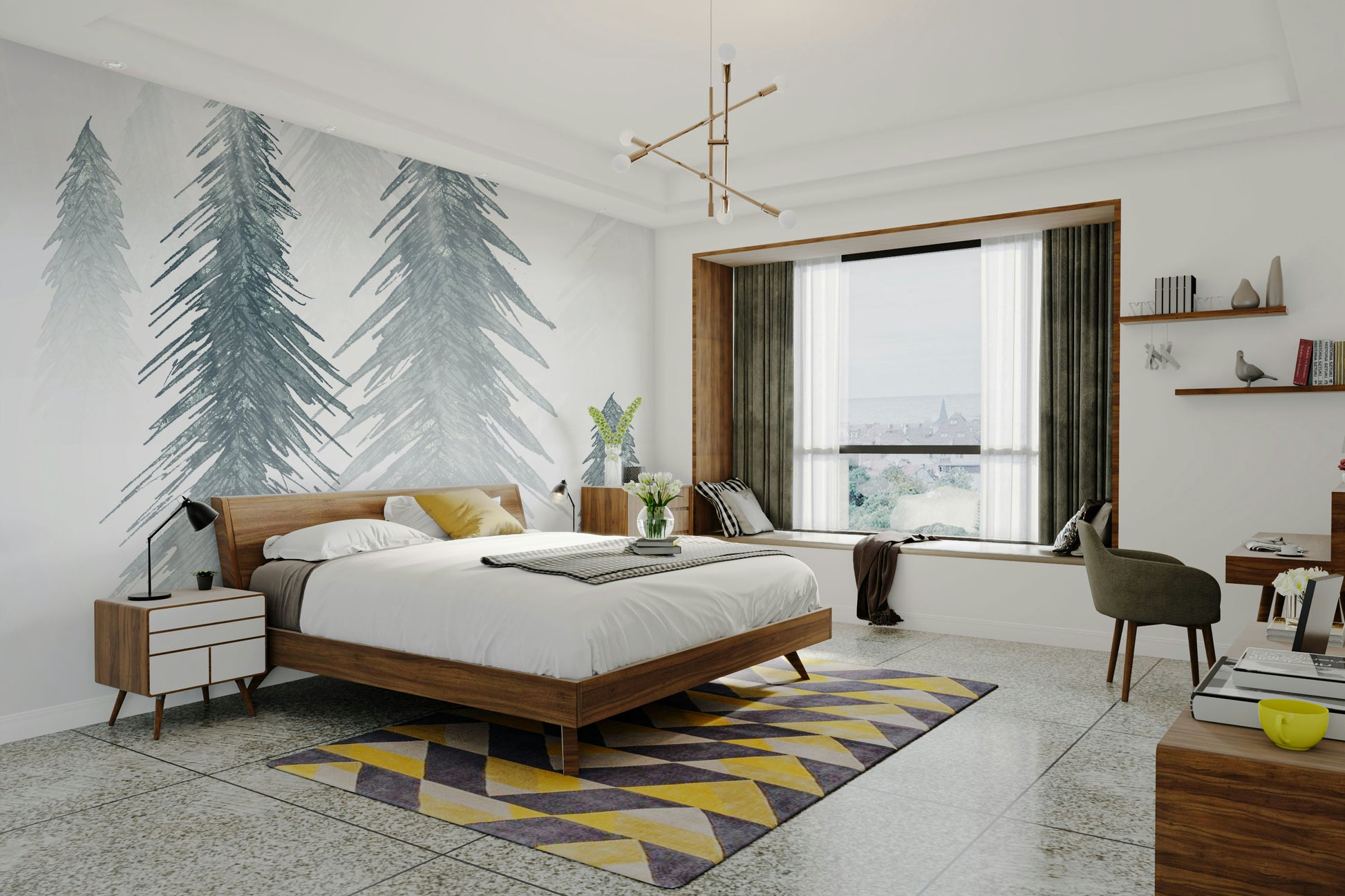 Snowy landscape wall mural with pines