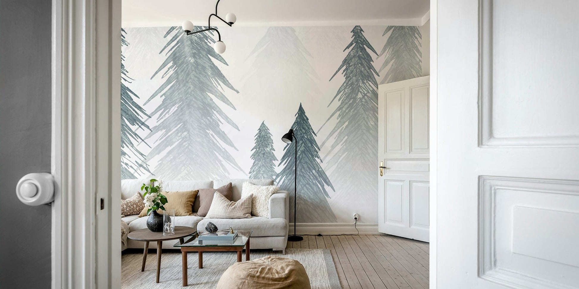 White forest wall mural with snowflakes