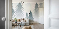 White forest wall mural with snowflakes