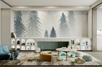 Winter forest wall mural with snowfall