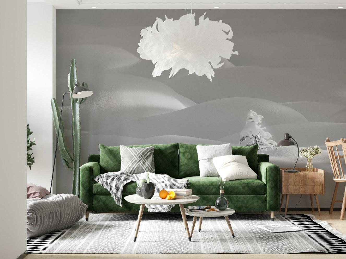 A beautiful subtle snowscape wallpaper mural for a modern home.