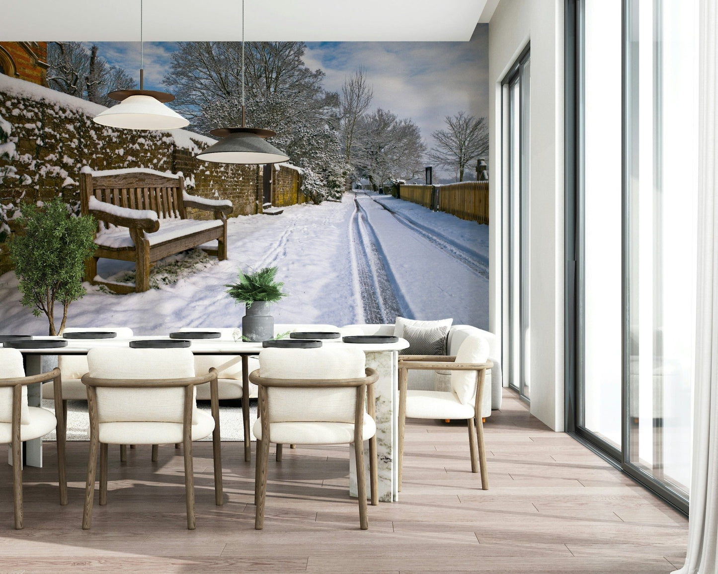 Fresh snowfall setting Snowy Bench Retreat Wall Mural, unique winter decor.