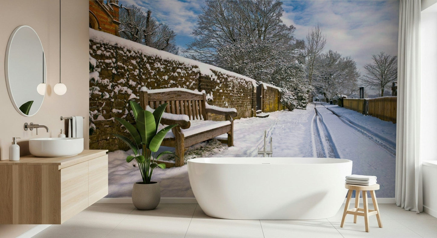 Quiet winter landscape Snowy Bench Retreat, serene wall art.