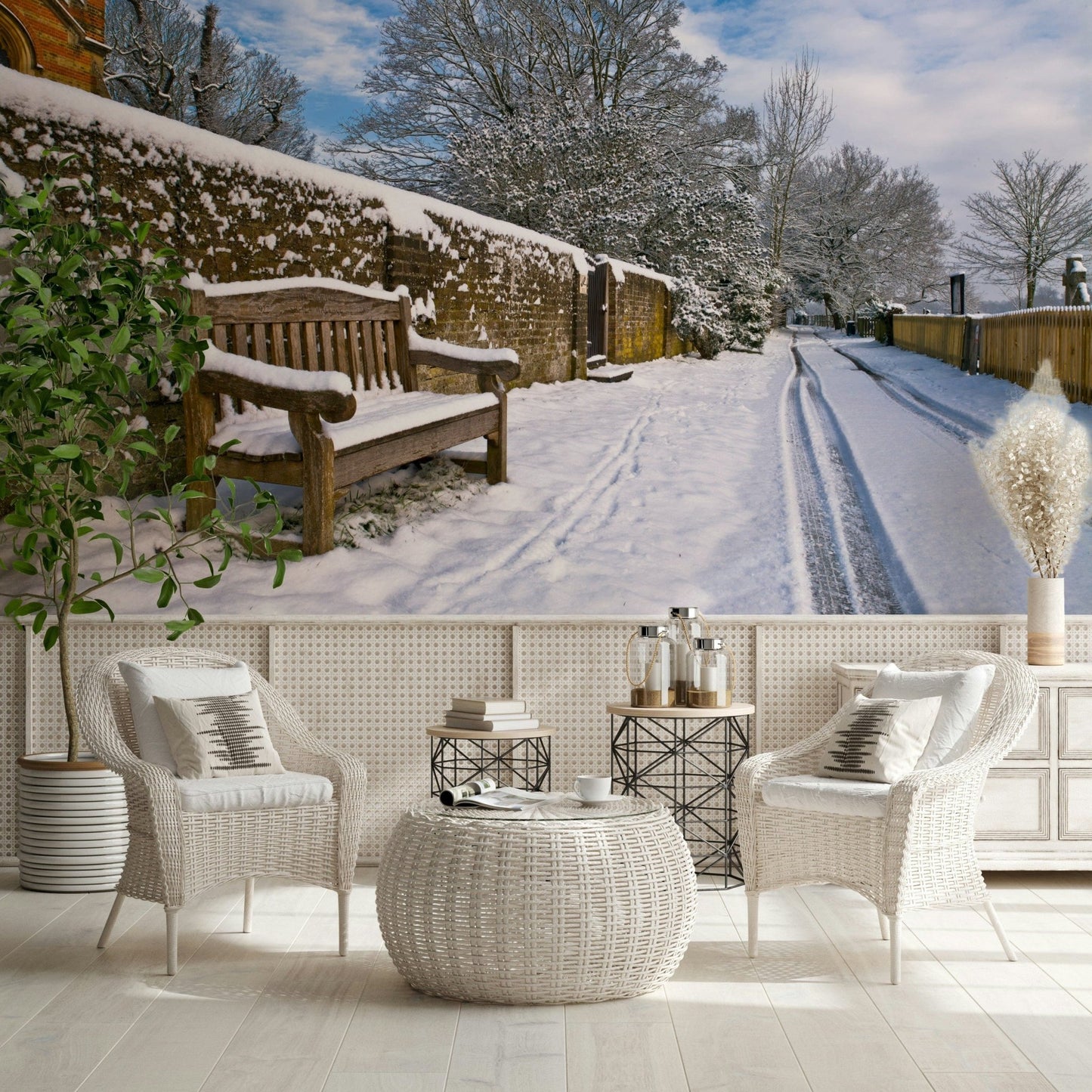 Wooden garden seating Snowy Bench Retreat Wall Mural, delightful winter scene.