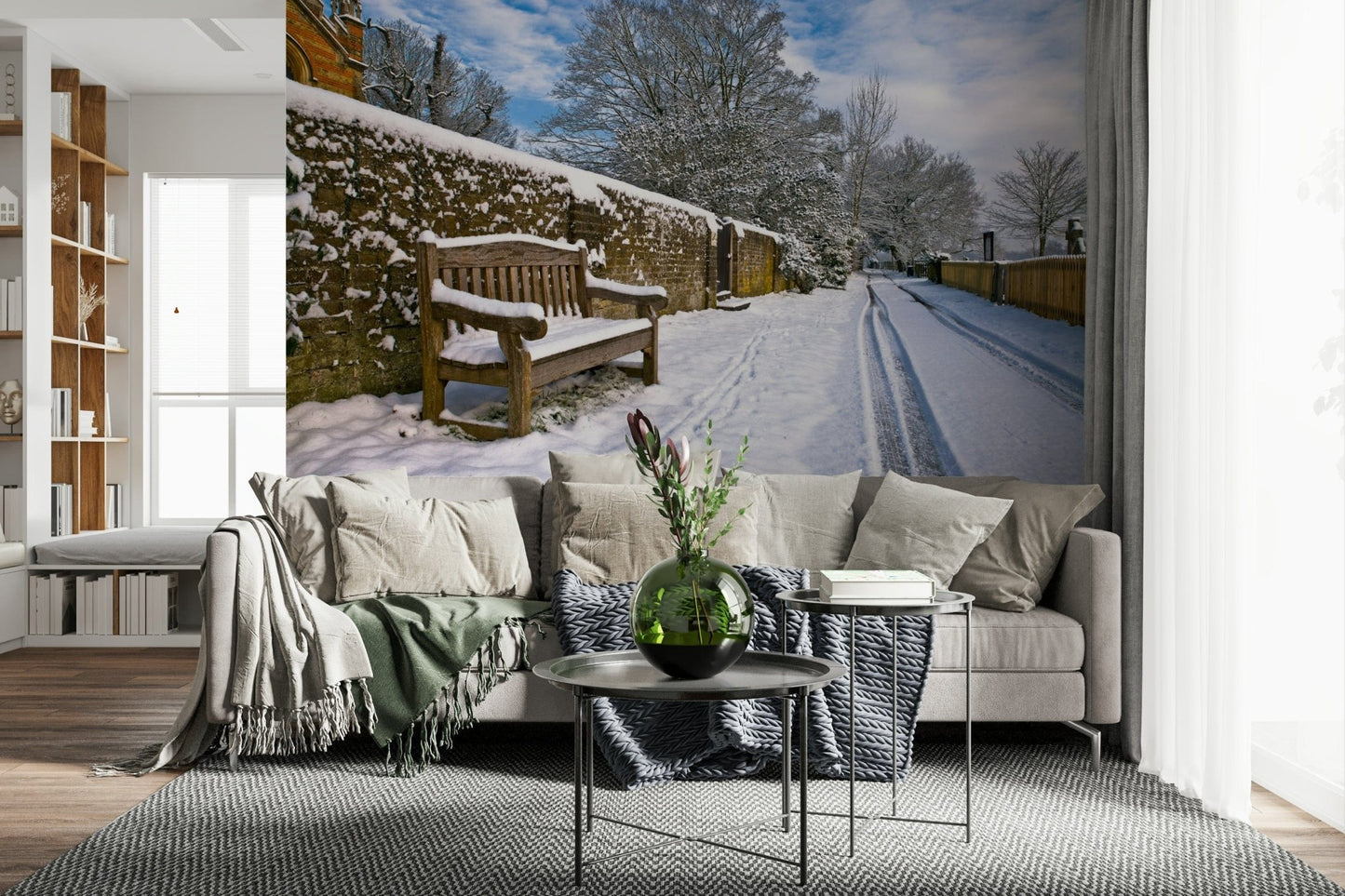 Snowy Bench Retreat Wall Mural, winter scenery, rustic bench, brick wall.