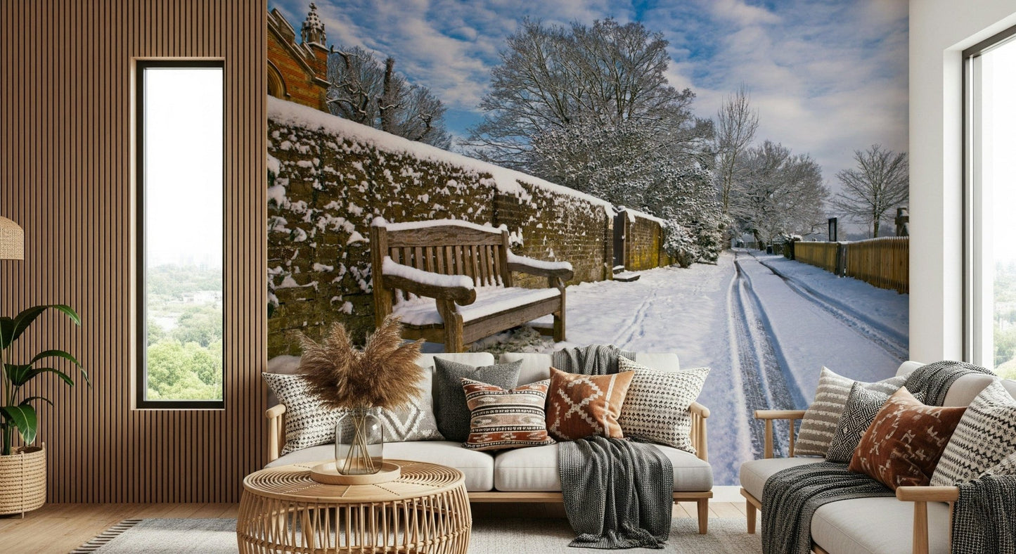 Historic brick wall Snowy Bench Retreat gorgeous large-format wallpaper.