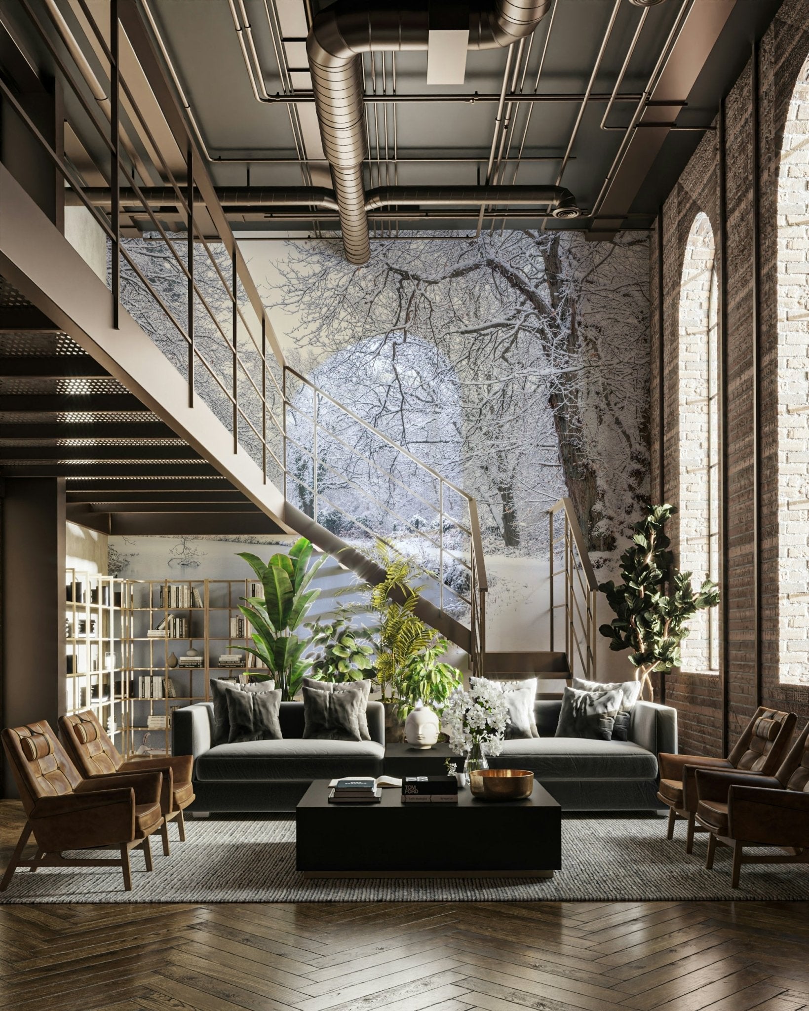 A minimalist interior with the snowy canal wallpaper.

