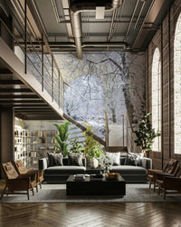 A minimalist interior with the snowy canal wallpaper.

