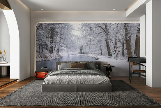 A beautiful serene scene of a snowy canal in a town. GD3902

