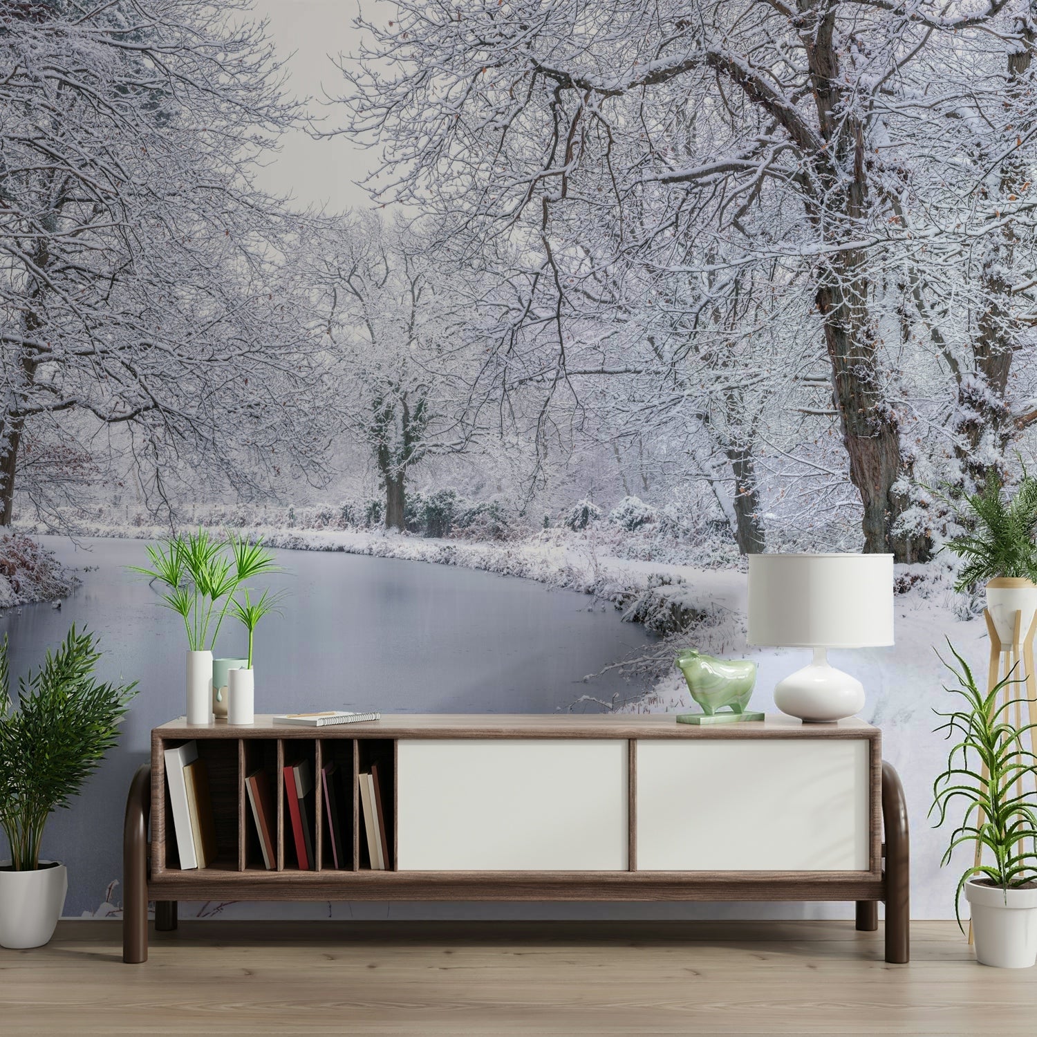 The wallpaper is used as a feature wall in a bedroom.

