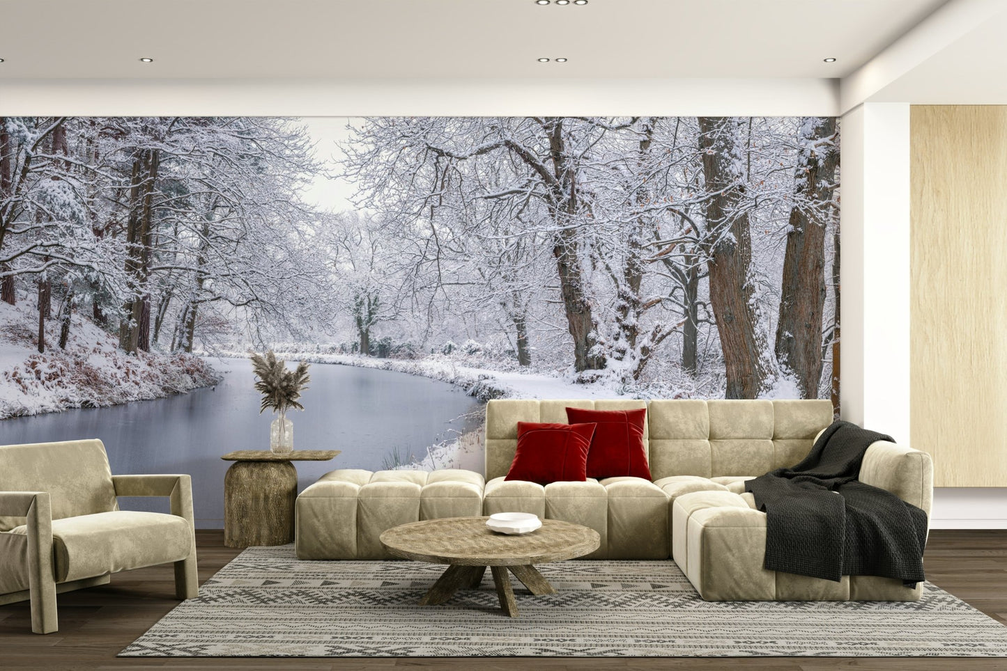 The peel and stick wallpaper showing realistic winter textures.

