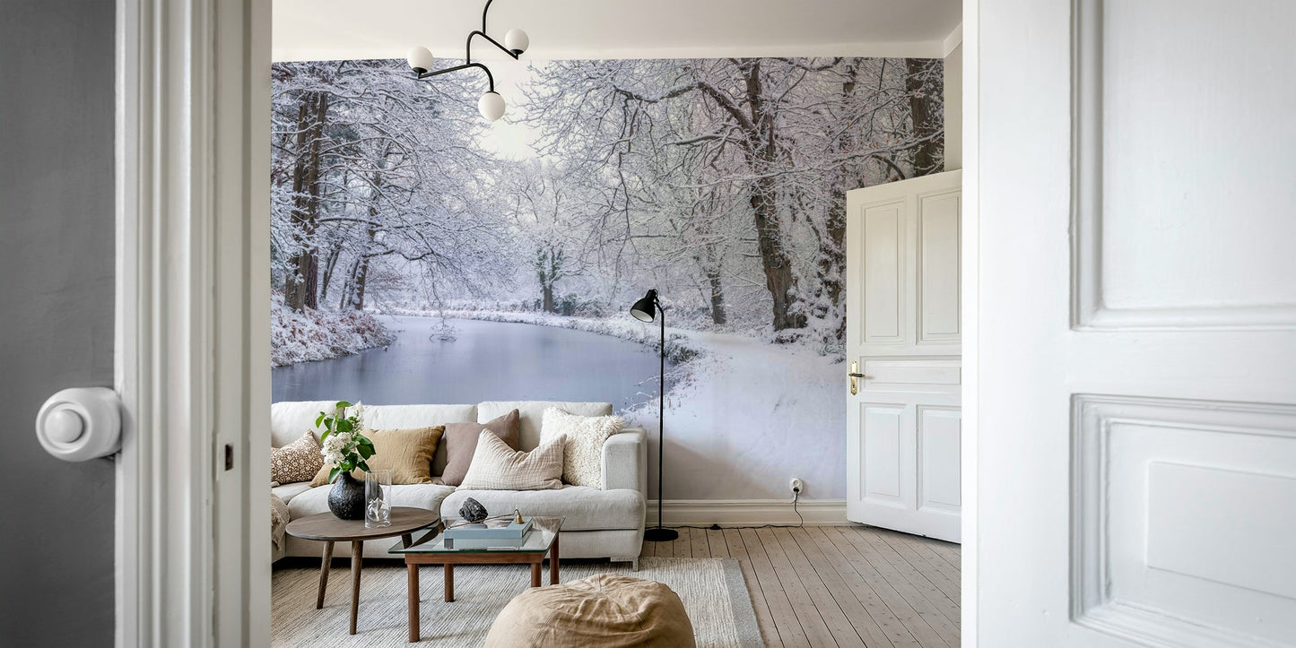 A living room featuring the winter canal wall mural.

