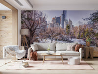 Snowy Central Park wall mural with frosted trees in a hallway.