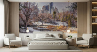 Detailed Snowy Central Park wallpaper for a high-ceilinged foyer.