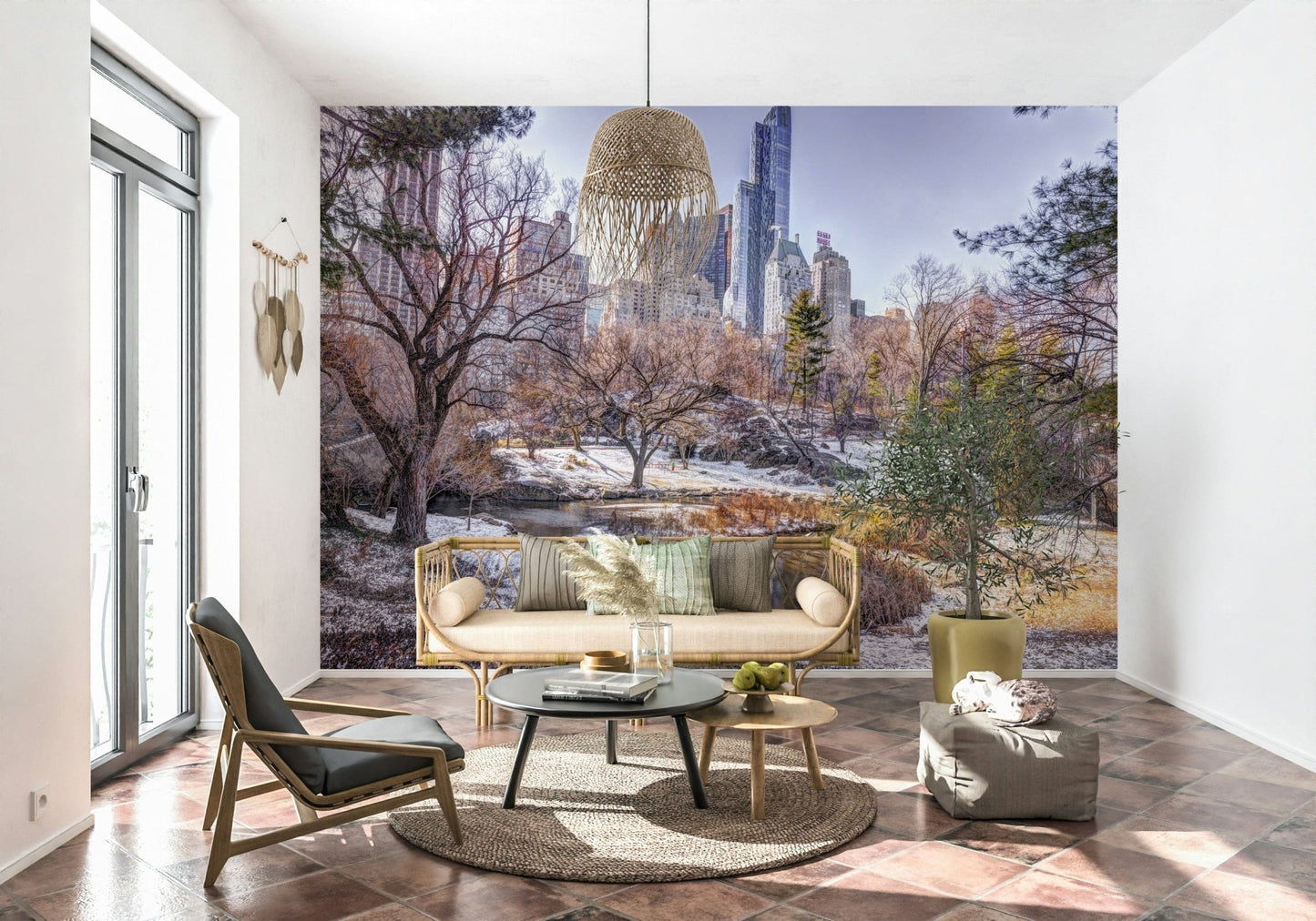 Urban nature wallpaper for a minimalist apartment feature wall.