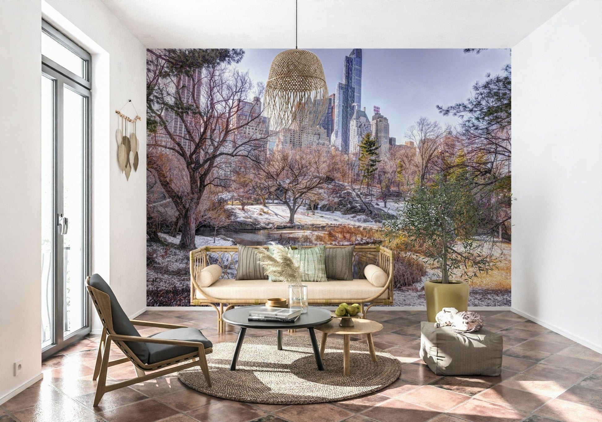 Urban nature wallpaper for a minimalist apartment feature wall.