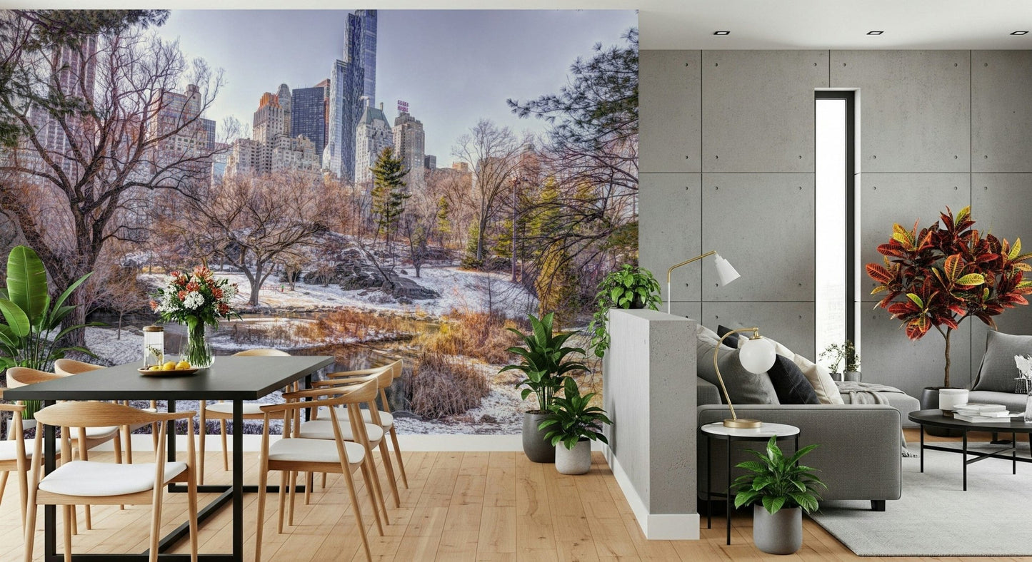 Winter city wallpaper featuring a snow-covered bridge in a bedroom.