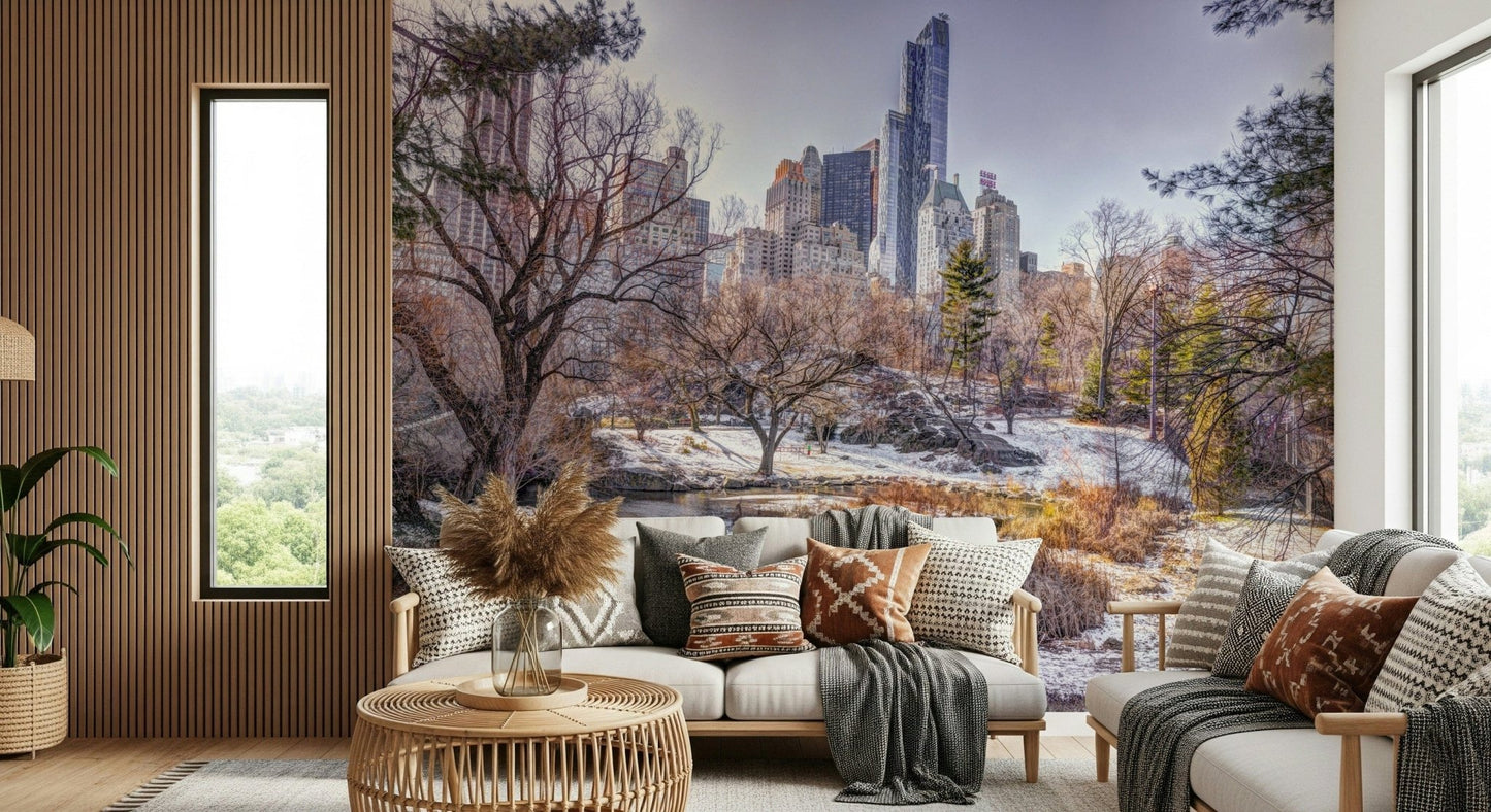 Misty winter scene wall mural in a contemporary dining area.