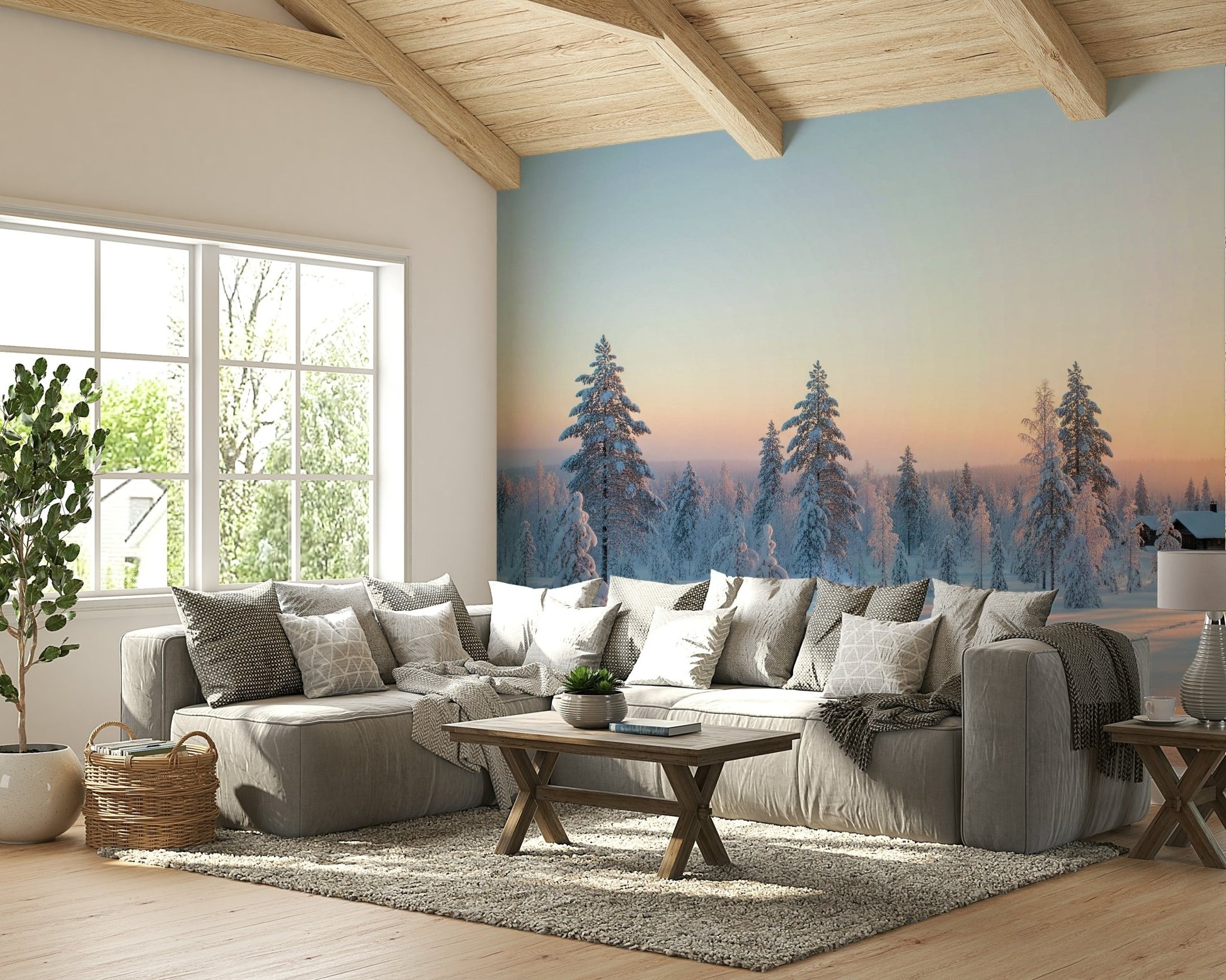 The contrast between the warm light and the cold snow is clear.
