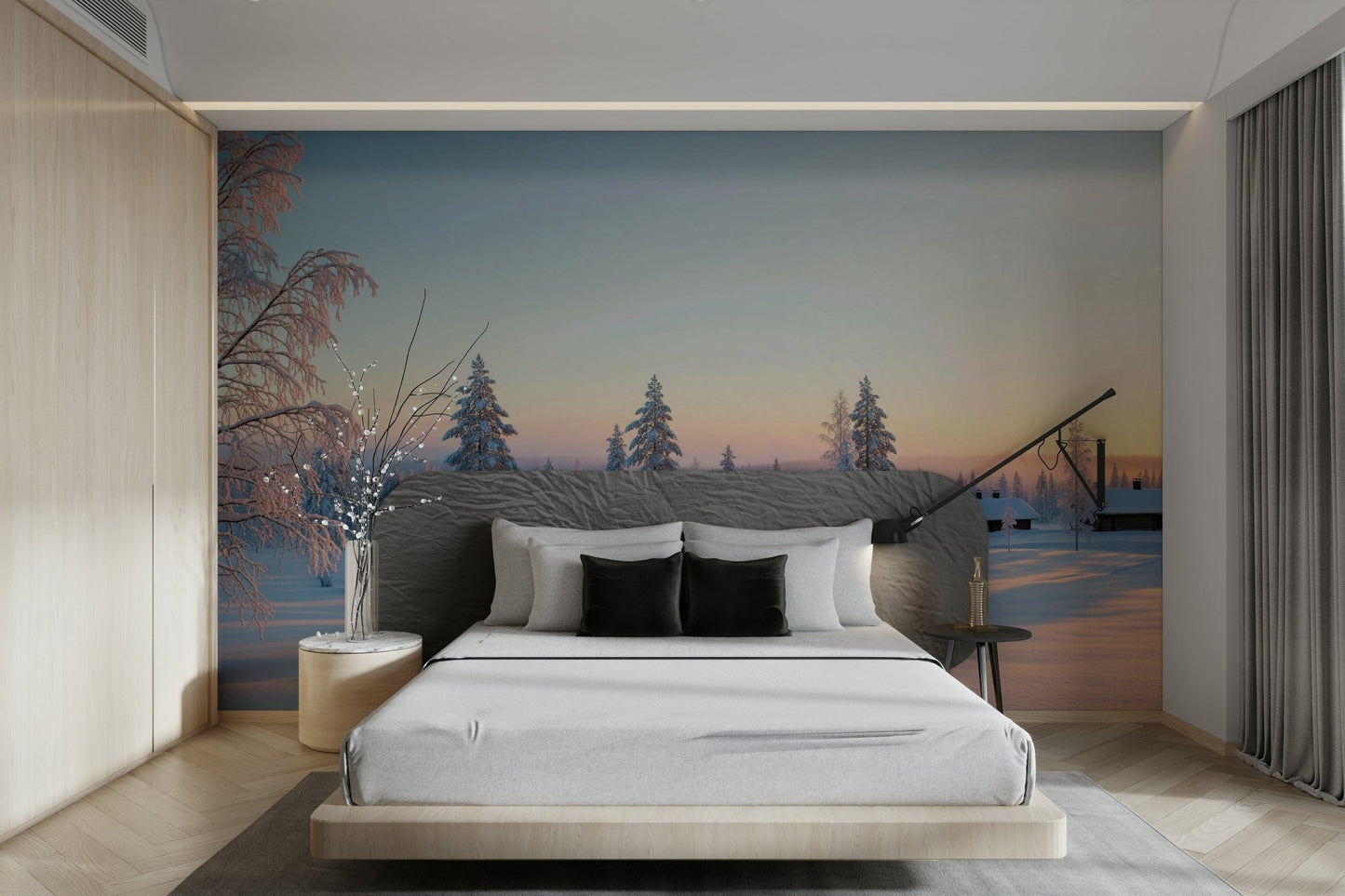 A warm, golden-orange light from the sun illuminates the forest.
