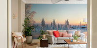 The Snowy Forest Sunrise Wall Mural on a living room wall.
