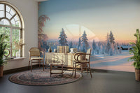 Tall pine trees, heavily laden with snow, fill the scene.
