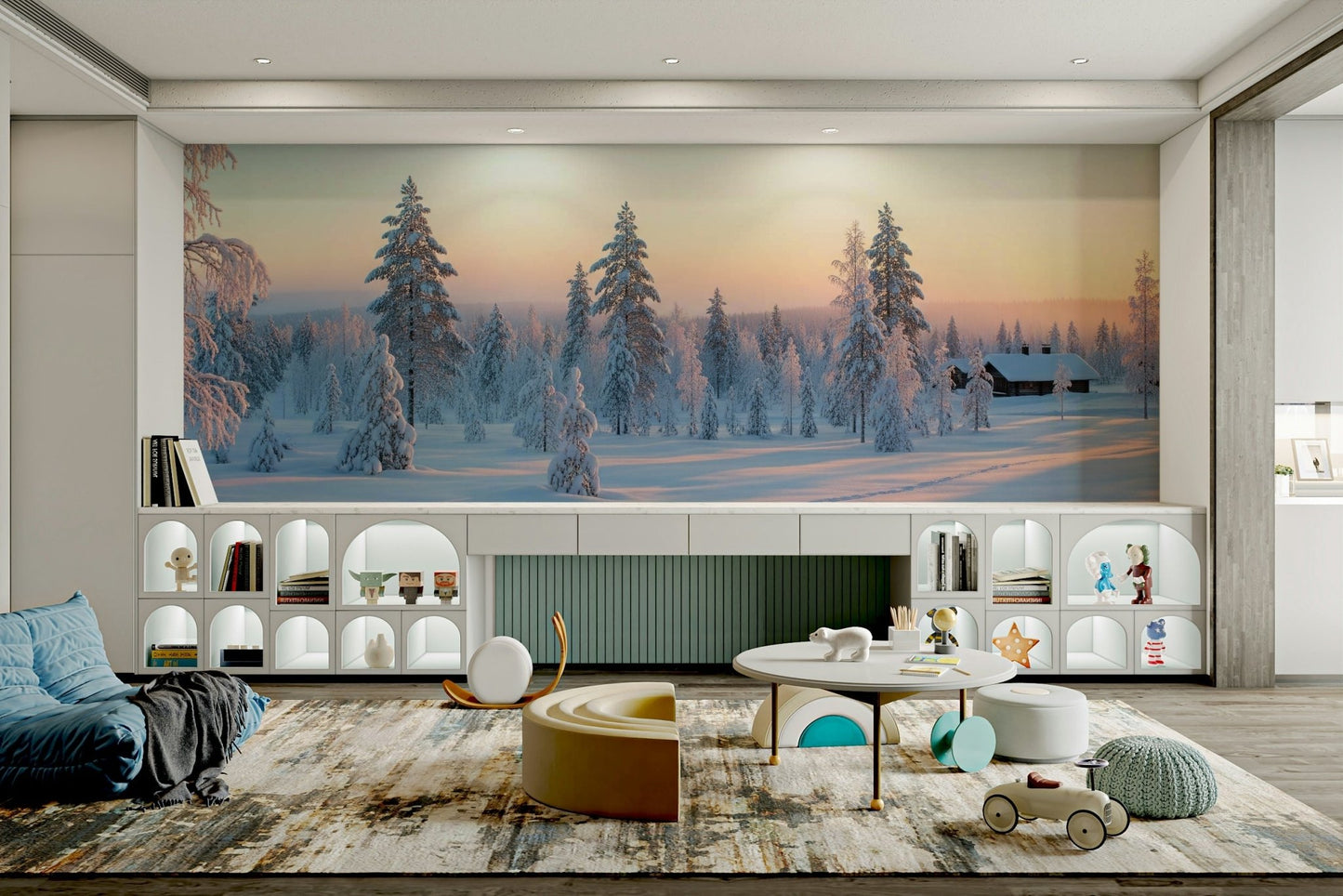 The ground is covered in a thick, undisturbed blanket of white snow.
