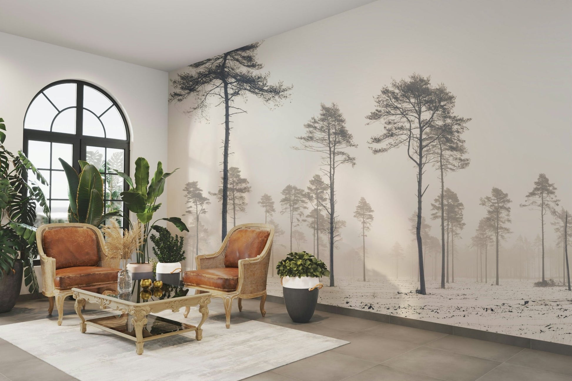 A wall mural of a snowy forest.

