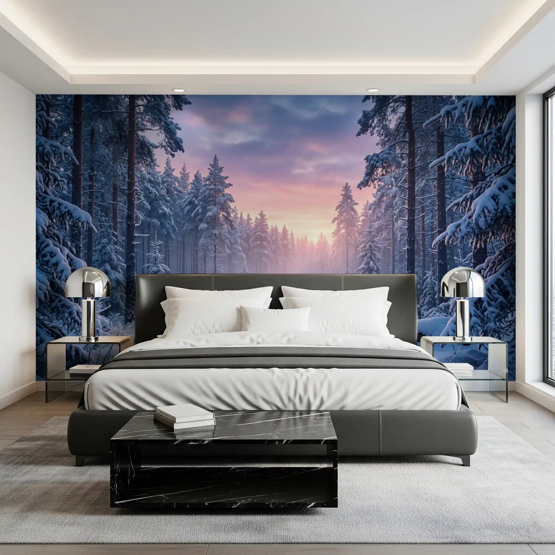 In a bedroom setting, Snowy Path Pastel Sky wall mural shows snowy forest view
