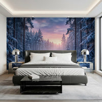 In a bedroom setting, Snowy Path Pastel Sky wall mural shows snowy forest view