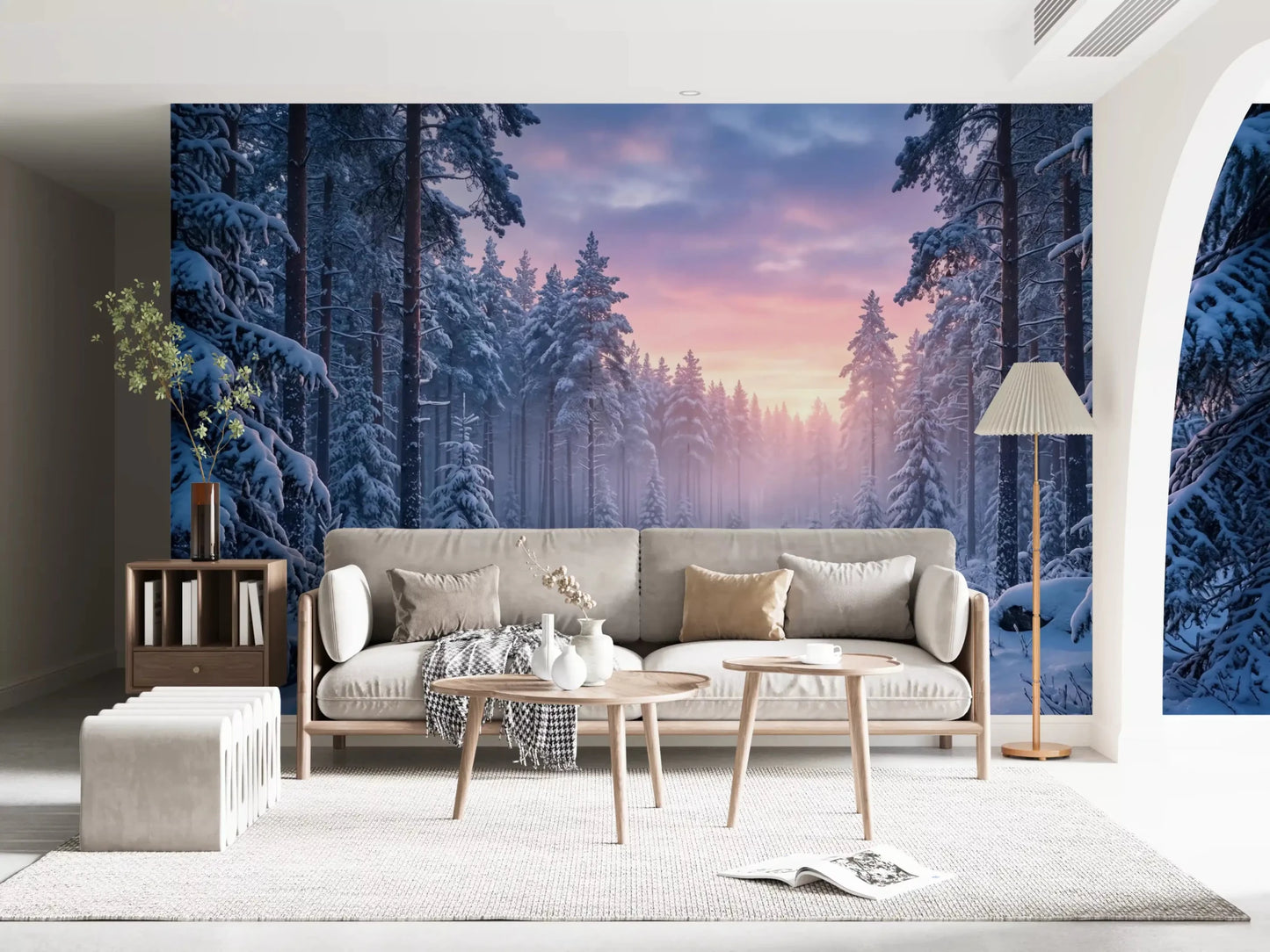 Hallway design includes Snowy Path Pastel Sky wall mural with soft pastel sky