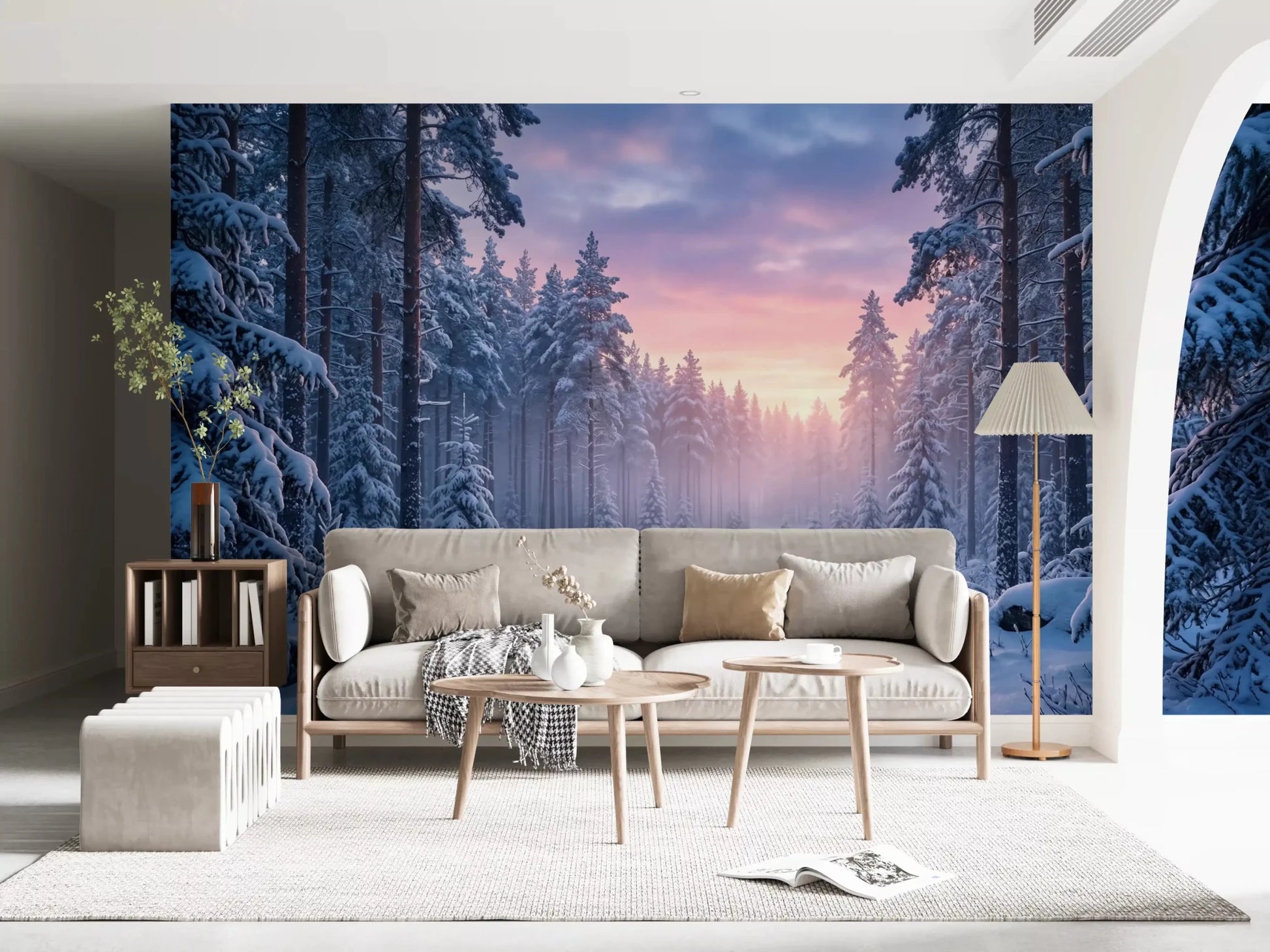 Hallway design includes Snowy Path Pastel Sky wall mural with soft pastel sky
