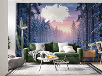 A calm snowy forest scene appears across Snowy Path Pastel Sky wall mural