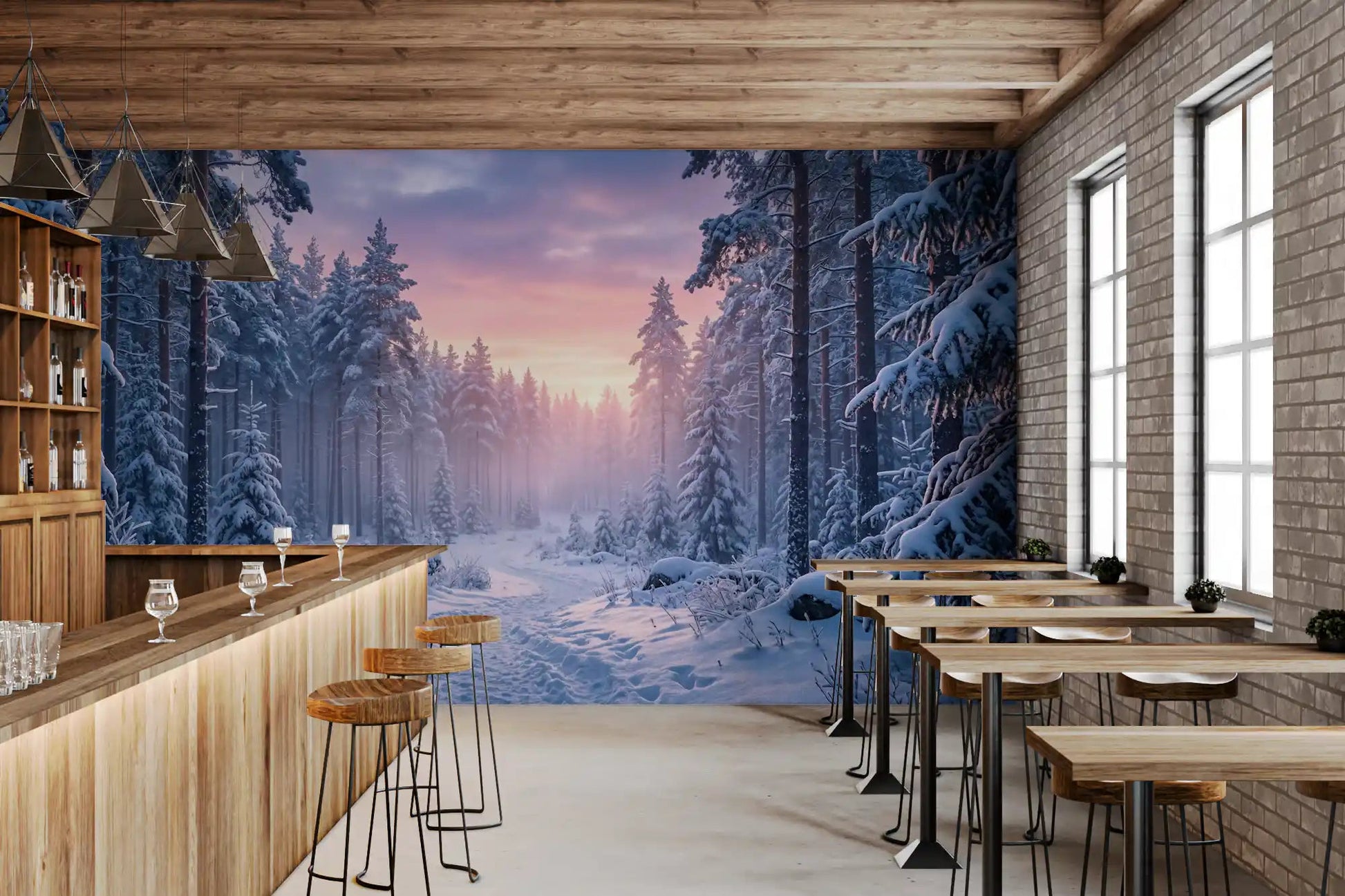 Snow-covered trees form depth in Snowy Path Pastel Sky wall mural surface