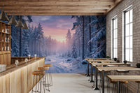 Snow-covered trees form depth in Snowy Path Pastel Sky wall mural surface
