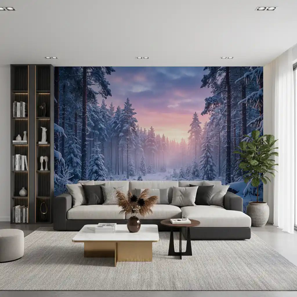 A living room interior featuring Snowy Path Pastel Sky wall mural winter scene