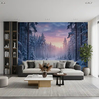A living room interior featuring Snowy Path Pastel Sky wall mural winter scene