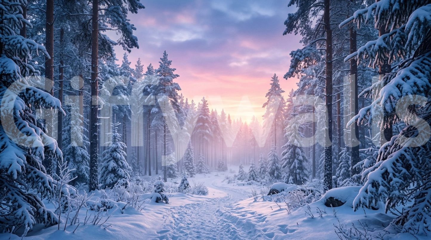 Light sky glow meets snowy ground in Snowy Path Pastel Sky wall mural