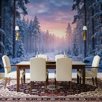 Dining room interior uses Snowy Path Pastel Sky wall mural winter pathway