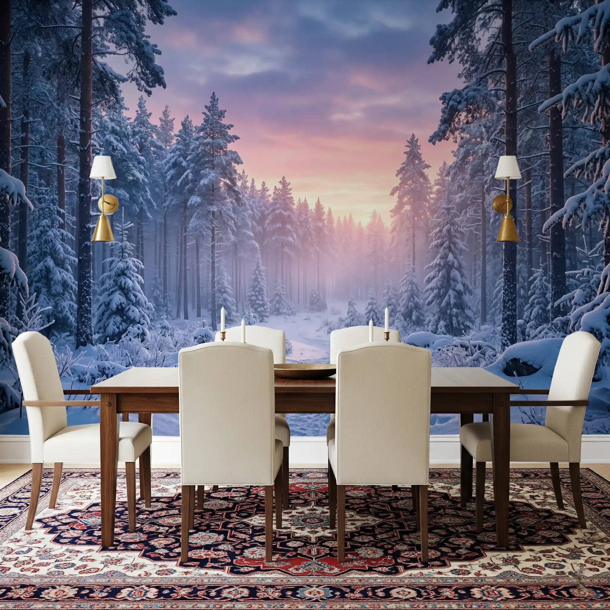 Dining room interior uses Snowy Path Pastel Sky wall mural winter pathway, GD9226
