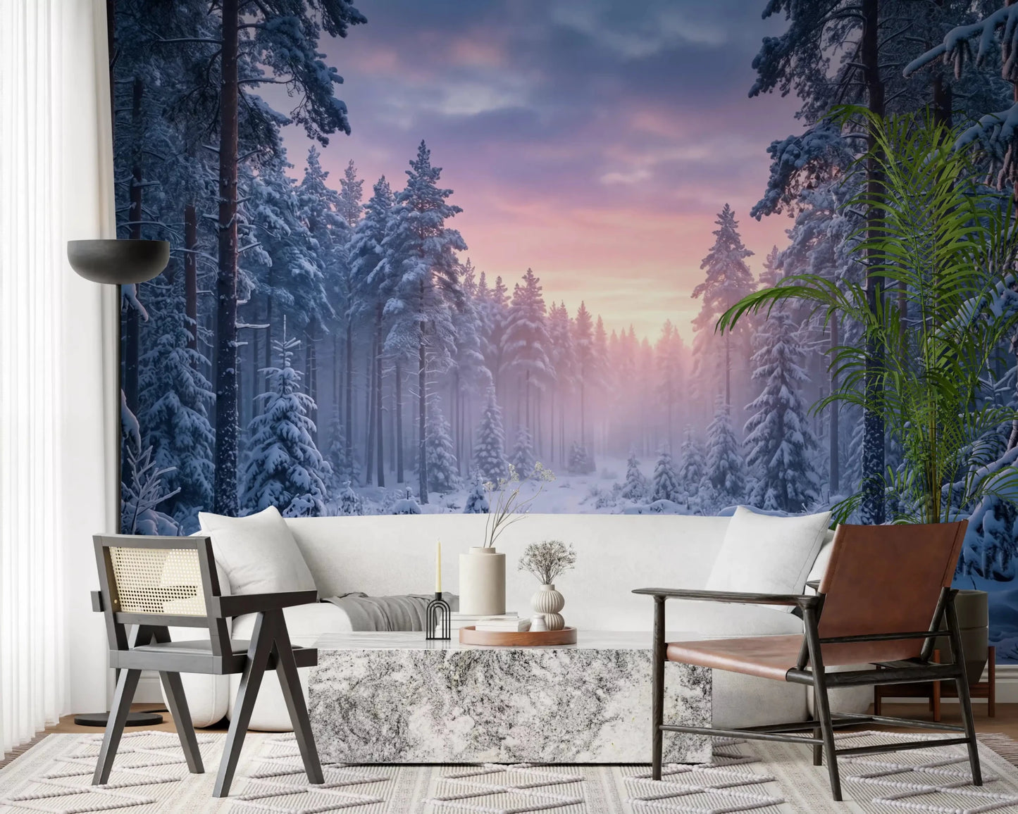 Soft pastel sky blends into winter landscape in Snowy Path wall mural design