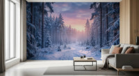 Frosted pine trees create layered detail in Snowy Path Pastel Sky wall mural
