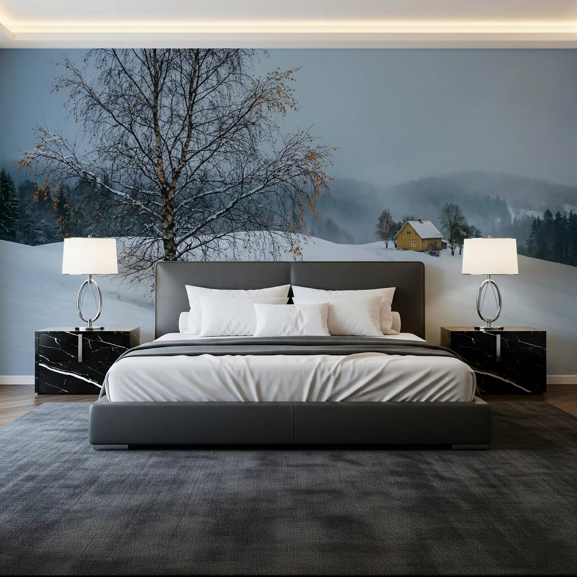 A bedroom feels softer with this snowy yellow house wall mural across the headboard .GD9529