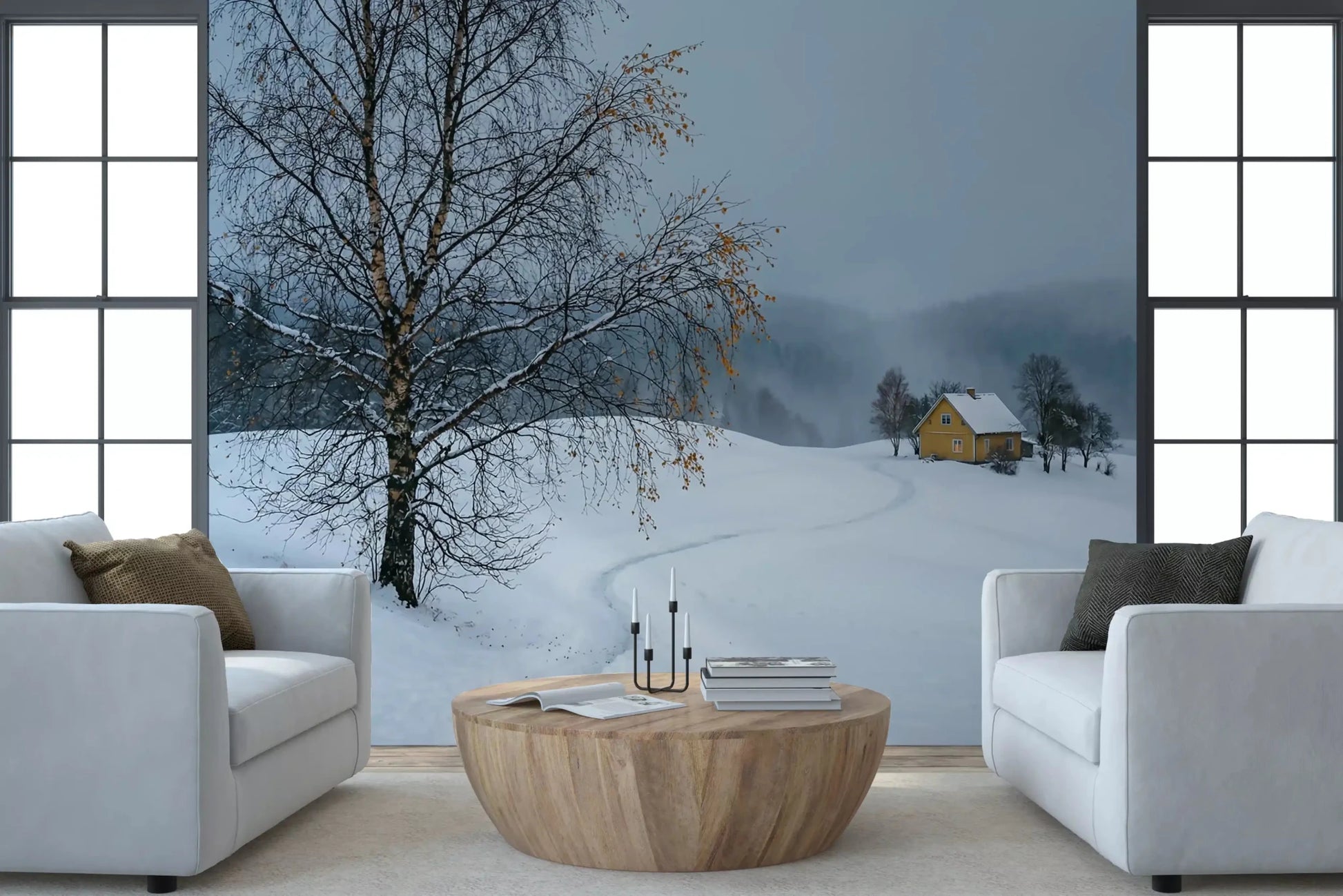 Quiet winter scenery wraps the lounge with this snowy yellow house wall mural.GD9529